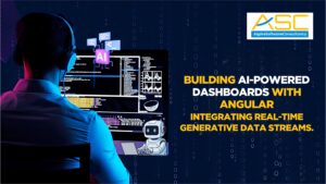 AI-powered dashboard built with Angular showing real-time data streams, analytics charts, and predictive insights