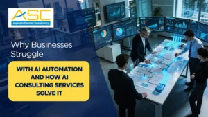 Illustration showing businesses facing AI automation challenges and how AI consulting services help solve integration and implementation issues.