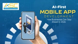 AI-first mobile app development concept showing AI-powered mobile applications, automation, and smart business solutions in 2026