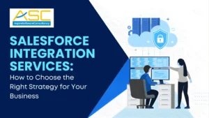 Illustration of Salesforce integration services connecting CRM with business applications for seamless data and workflow automation
