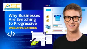 Illustration showing benefits of progressive web applications for business including fast performance, offline access, and cross-platform compatibility