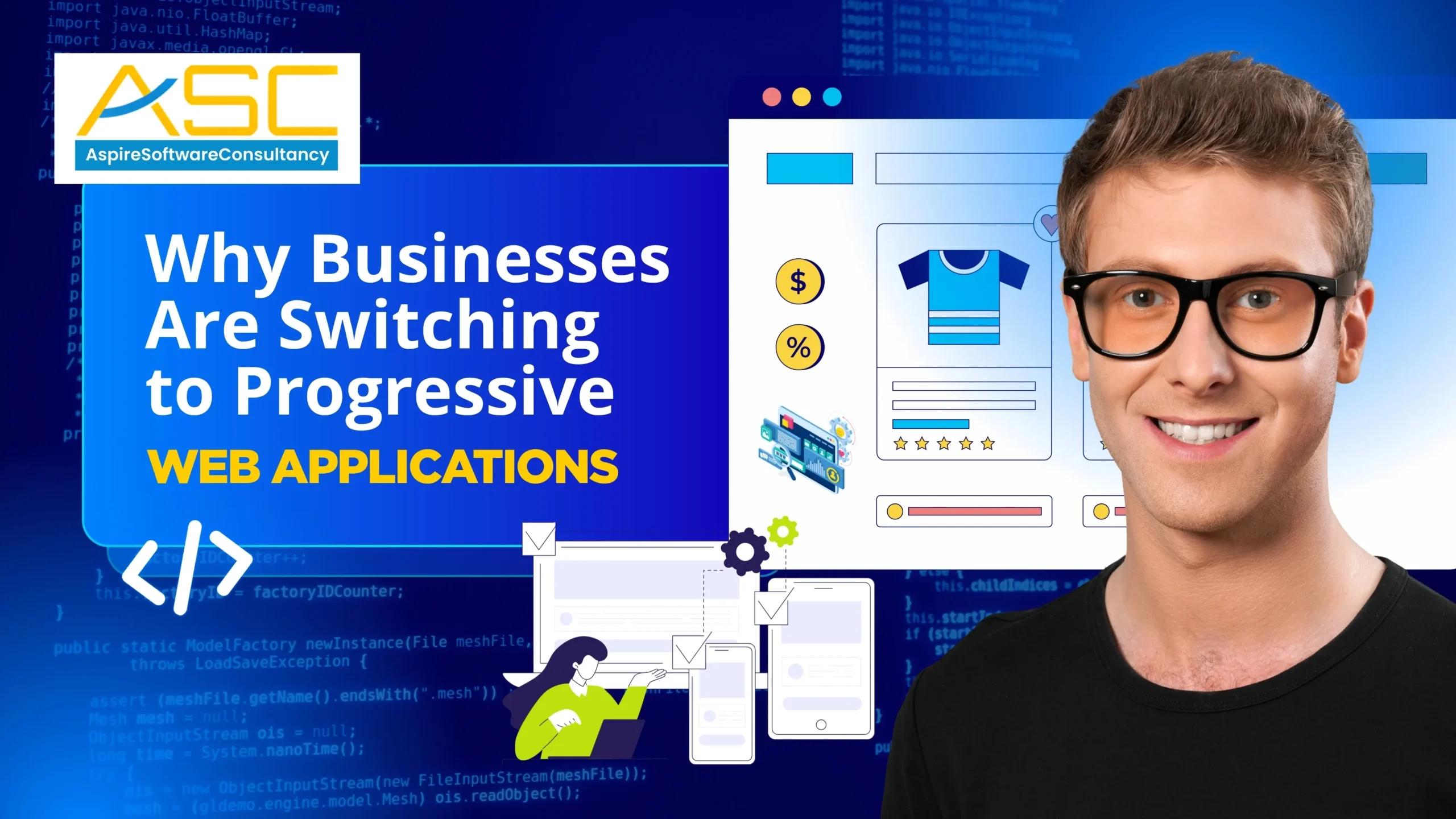 Illustration showing benefits of progressive web applications for business including fast performance, offline access, and cross-platform compatibility