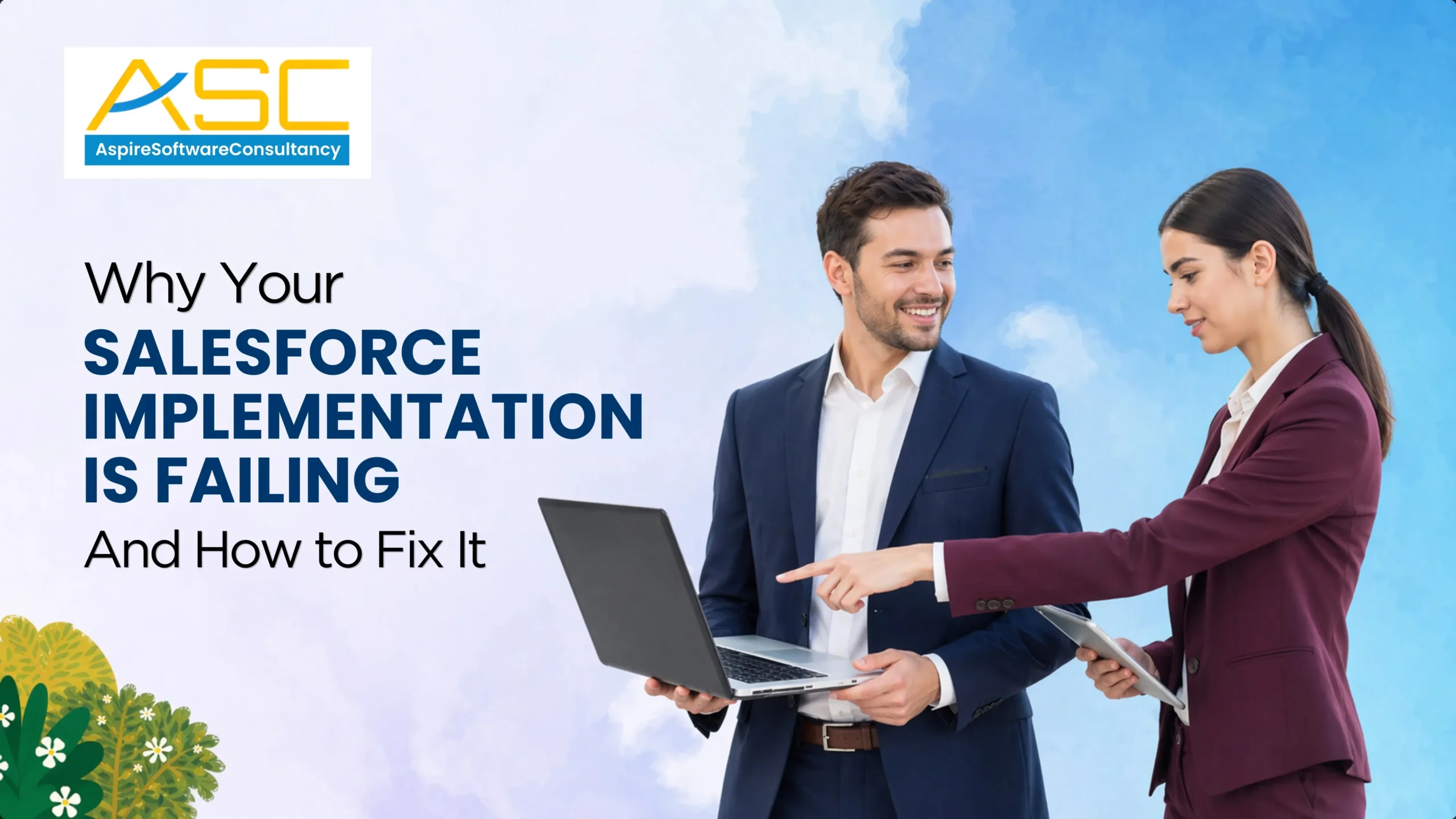 Illustration showing Salesforce implementation challenges, common mistakes, and solutions to fix CRM performance issues and improve business outcomes.