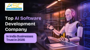 Futuristic AI robot working on a laptop with digital screens, promoting Aspire Software Consultancy as a top AI software development company trusted by Indian businesses in 2026.