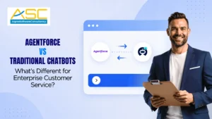Comparison of Salesforce Agentforce and traditional chatbots highlighting AI customer service, Salesforce automation, and CRM customization features.