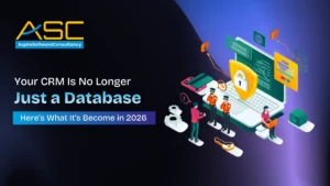 Illustration showing the evolution of CRM systems in 2026 with cybersecurity, automation, and digital transformation elements alongside the Aspire Software Consultancy branding.