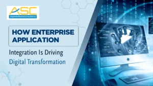 Illustration of enterprise application integration connecting multiple business systems to drive digital transformation and improve efficiency