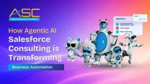 Illustration promoting Aspire Software Consultancy’s Agentic AI Salesforce Consulting services for business automation, featuring futuristic AI robots and Salesforce Agentforce interface elements.