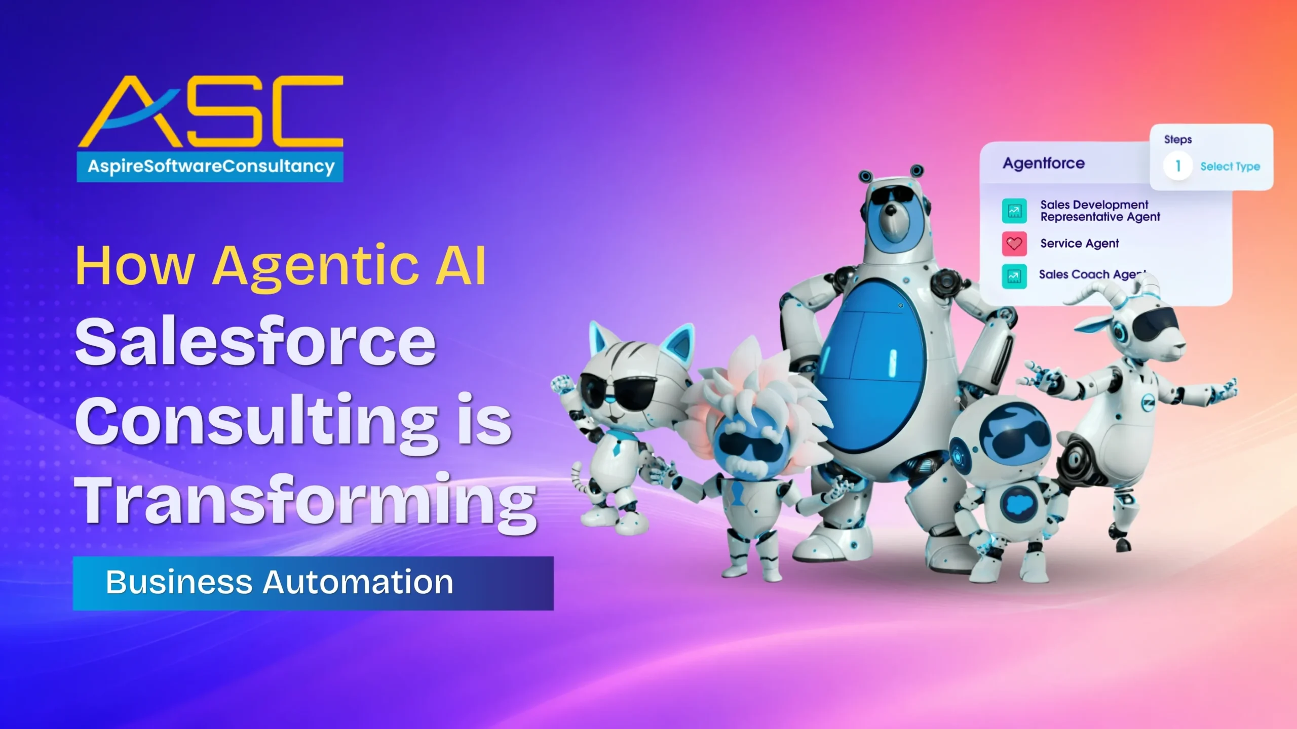 Illustration promoting Aspire Software Consultancy’s Agentic AI Salesforce Consulting services for business automation, featuring futuristic AI robots and Salesforce Agentforce interface elements.