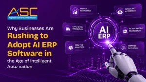 Illustration showing businesses adopting AI ERP software with features like finance management, intelligent automation, real-time analytics, supply chain optimization, HR management, and smarter decision-making.