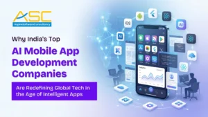 AI mobile app development banner showcasing smartphone applications, AI technology, Android and iOS development, and intelligent app solutions by Aspire Software Consultancy.