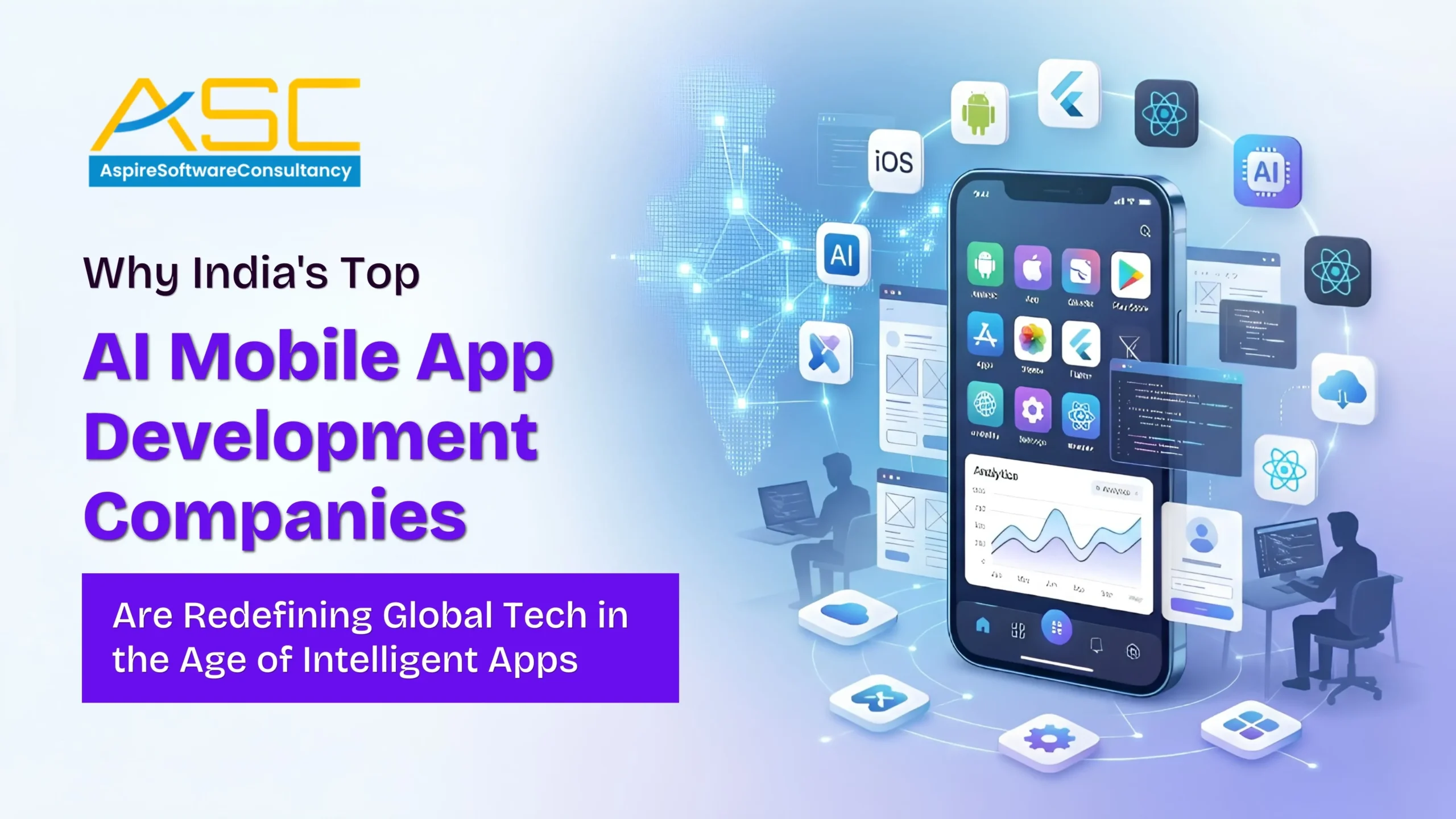 AI mobile app development banner showcasing smartphone applications, AI technology, Android and iOS development, and intelligent app solutions by Aspire Software Consultancy.