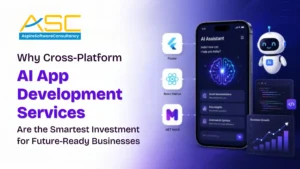 Cross-platform AI app development services banner showcasing Flutter, React Native, and .NET MAUI for future-ready business applications.