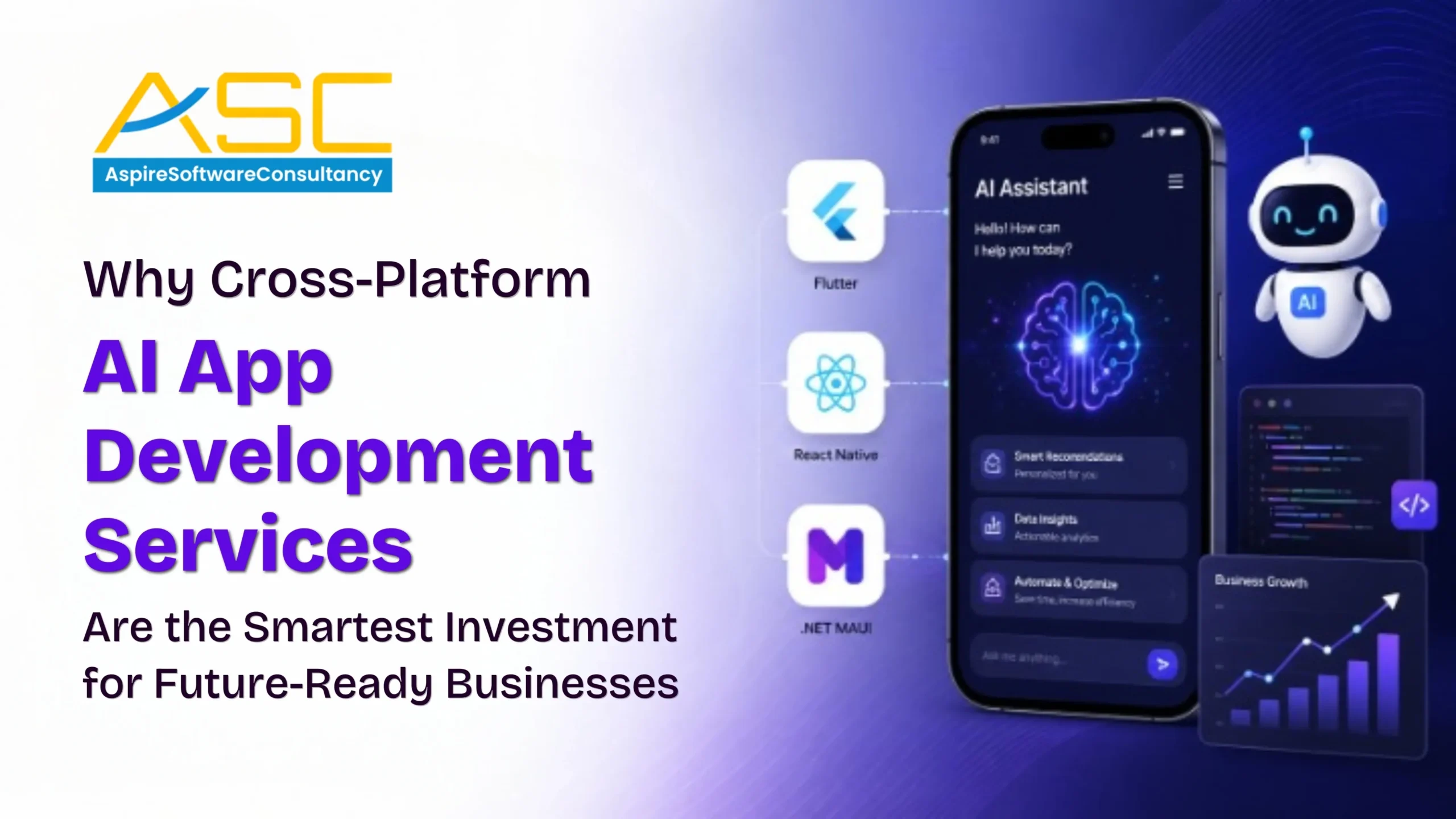 Cross-platform AI app development services banner showcasing Flutter, React Native, and .NET MAUI for future-ready business applications.