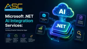 Microsoft .NET AI Integration Services banner featuring AI-powered .NET applications, conversational AI, predictive analytics, semantic search, and intelligent document processing.