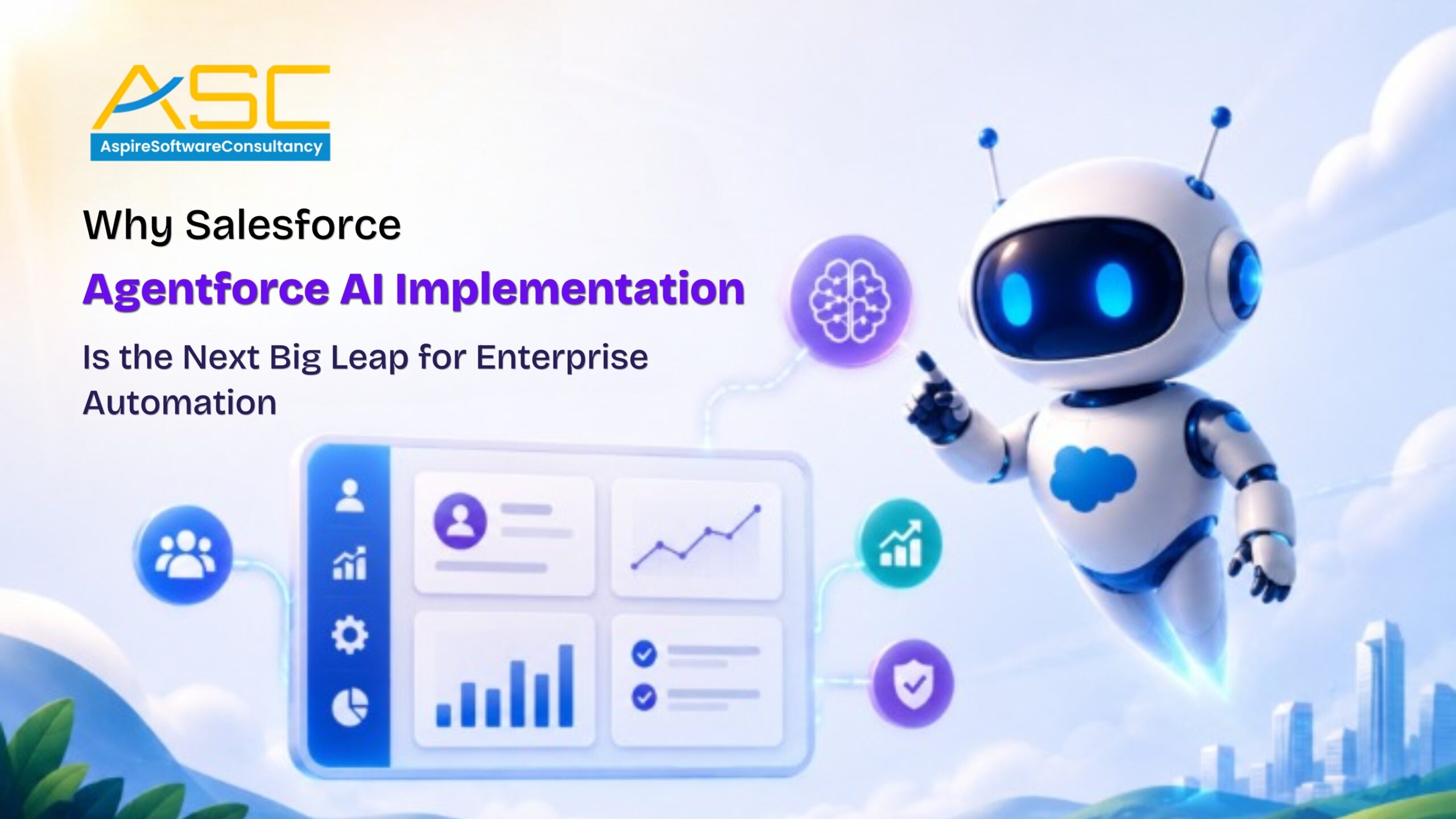 Banner showing Salesforce Agentforce AI implementation for enterprise automation with a futuristic AI robot, analytics dashboard, and automation icons.