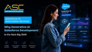 Salesforce AI Automation Services banner showcasing Generative AI Salesforce Development, Einstein GPT integration, workflow automation, AI-powered insights, and customer engagement solutions.