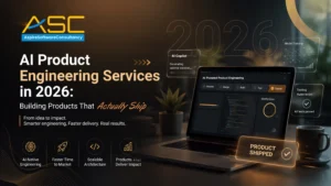 AI Product Engineering Services in 2026 banner by Aspire Software Consultancy showcasing AI-native engineering, scalable architecture, faster time-to-market, testing automation, and AI-powered product development.