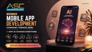 Mobile App Development Company Trends 2026 blog banner highlighting AI-powered mobile app development, AI/ML integration, predictive analytics, user insights, smarter security, personalized experiences, and scalable business growth.