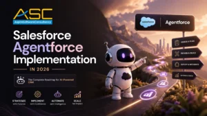 Salesforce Agentforce Implementation in 2026 roadmap banner featuring an AI robot, implementation stages, and AI-powered CRM strategy by Aspire Software Consultancy.