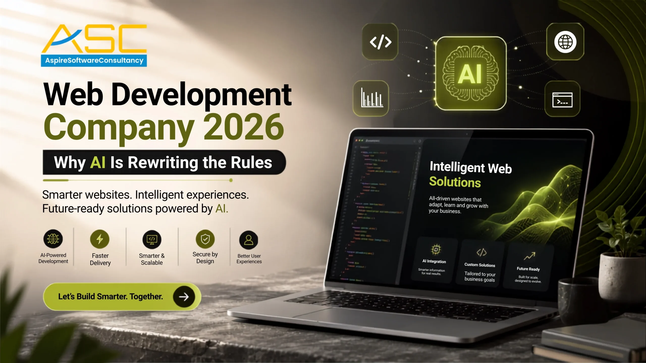 AI-powered Web Development Company 2026 banner by Aspire Software Consultancy highlighting intelligent web solutions, faster delivery, secure design, scalability, and AI-driven development.