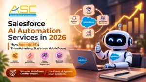Salesforce AI automation services in 2026 showing Agentic AI transforming business workflows through smart automation, productivity, customer engagement, and business growth.