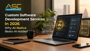 Laptop on a wooden desk showing an AI chip and a Plan, Build, Test, Deploy, Scale workflow, with the headline "Custom Software Development Services in 2026: Why AI-Native Beats AI-Added" and the Aspire Software Consultancy logo.