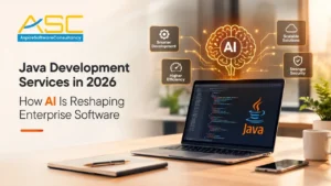 Java development services in 2026 showing AI-powered enterprise software development on a laptop.